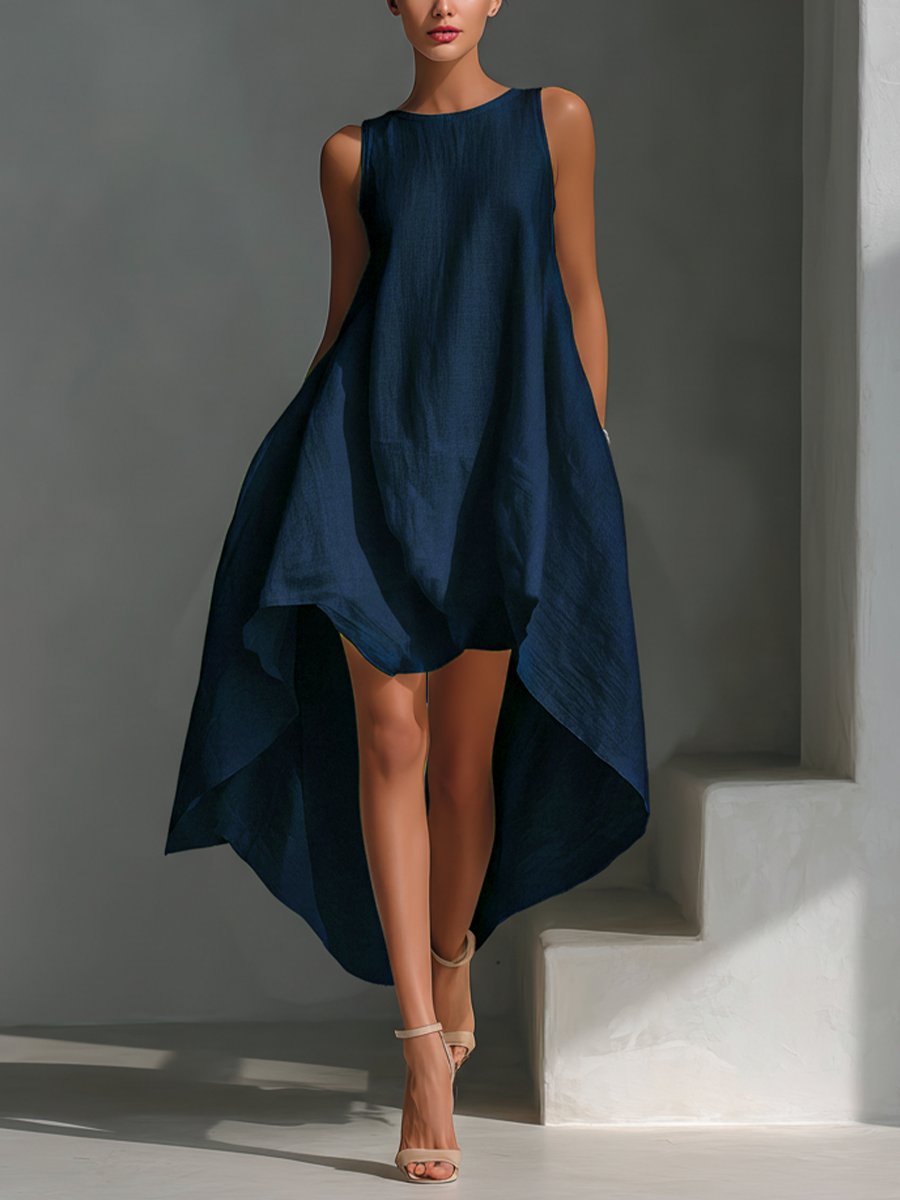 Dame Ærmeløs Asymmetrisk Linned Midi Kjole Rund Hals - Navy blue