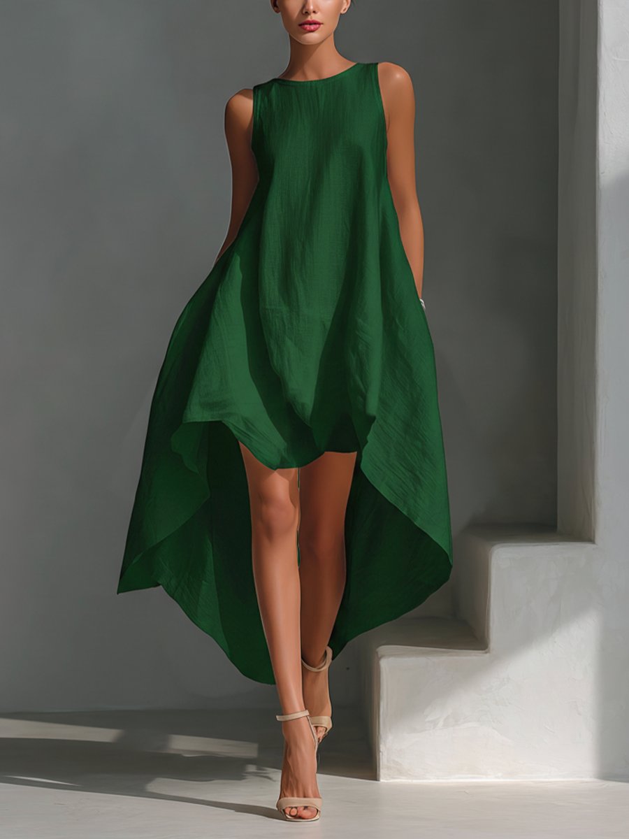 Dame Ærmeløs Asymmetrisk Linned Midi Kjole Rund Hals - Green