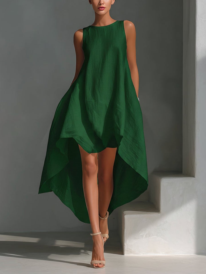 Dame Ærmeløs Asymmetrisk Linned Midi Kjole Rund Hals - Green