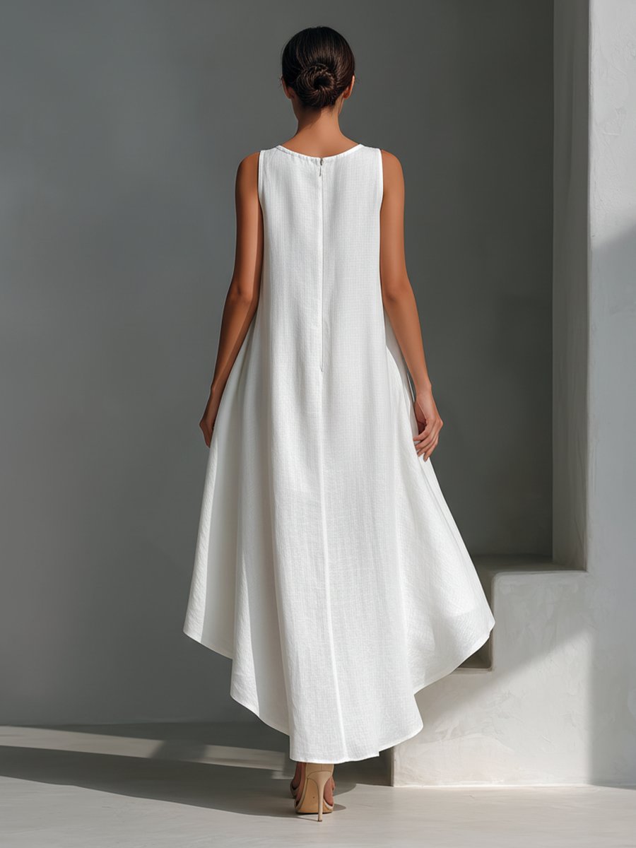 Dame Ærmeløs Asymmetrisk Linned Midi Kjole Rund Hals