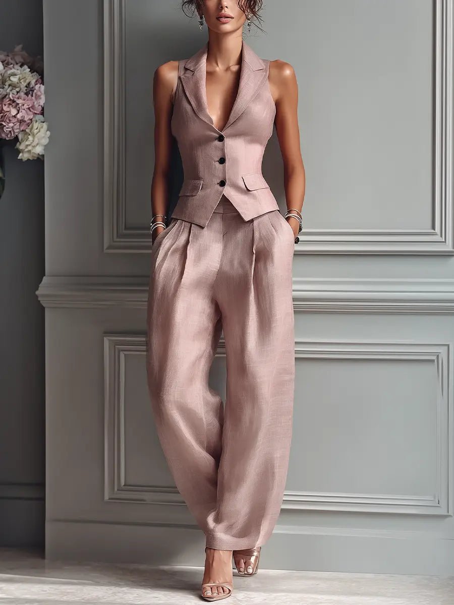 Dame Ærmeløs Hør Vest Wide-Leg Bukser Sæt - Blush Pink