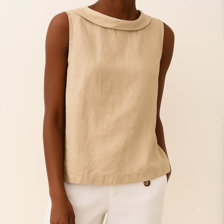 Dame Ærmeløs Linen Bluse med Rulleturtleneck - Beige