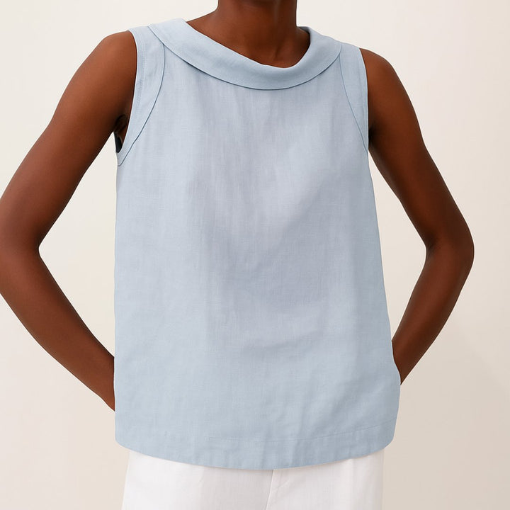 Dame Ærmeløs Linen Bluse med Rulleturtleneck - Blue