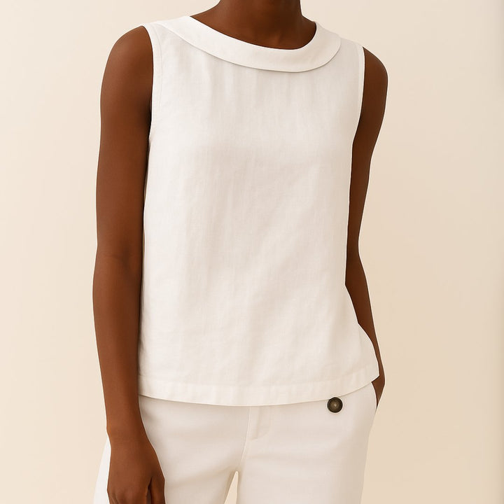 Dame Ærmeløs Linen Bluse med Rulleturtleneck - White