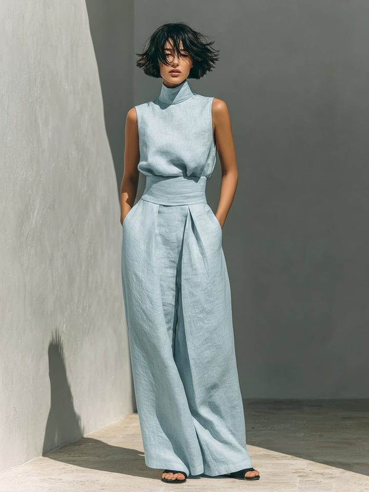 Dame Ærmeløs Linen Bomuldssæt Høj Hals Vide Bukser - Light Blue