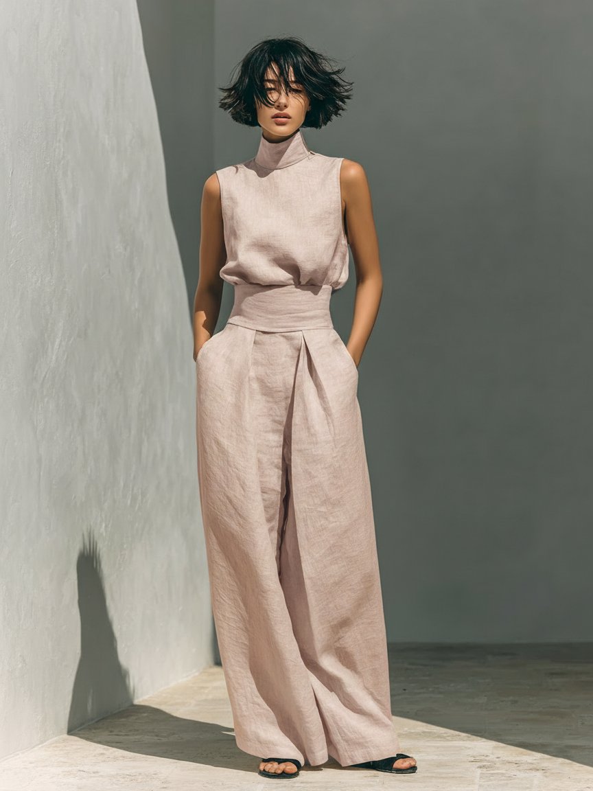 Dame Ærmeløs Linen Bomuldssæt Høj Hals Vide Bukser - Light Pink