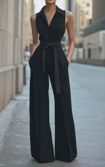 Dame Ærmeløs Wide-Leg Jumpsuit med Bælte - Black