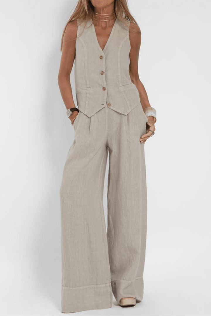 Dame Ærmeløs Wide-Leg Two-Piece Set Vest Bukser - Beige