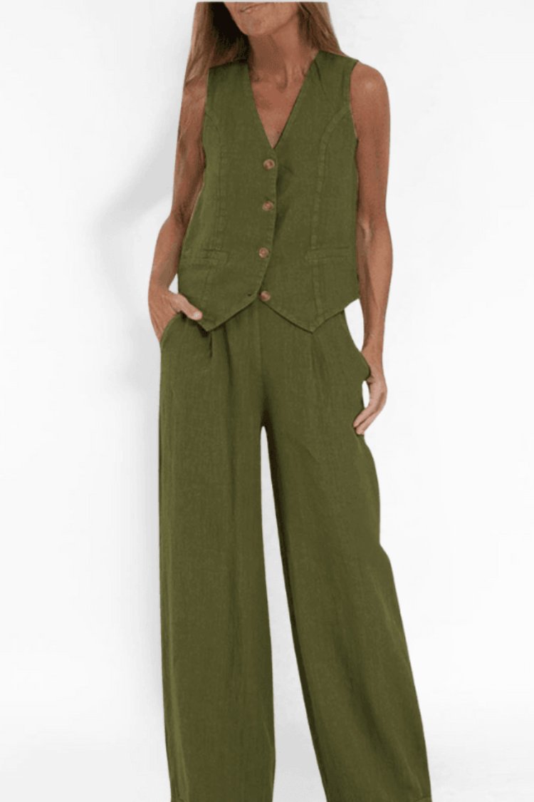 Dame Ærmeløs Wide-Leg Two-Piece Set Vest Bukser - Green