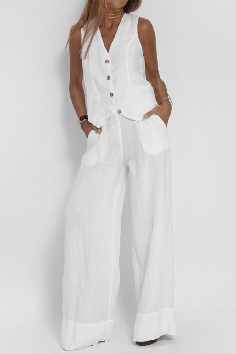 Dame Ærmeløs Wide-Leg Two-Piece Set Vest Bukser - White