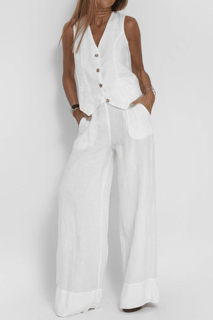Dame Ærmeløs Wide-Leg Two-Piece Set Vest Bukser - White