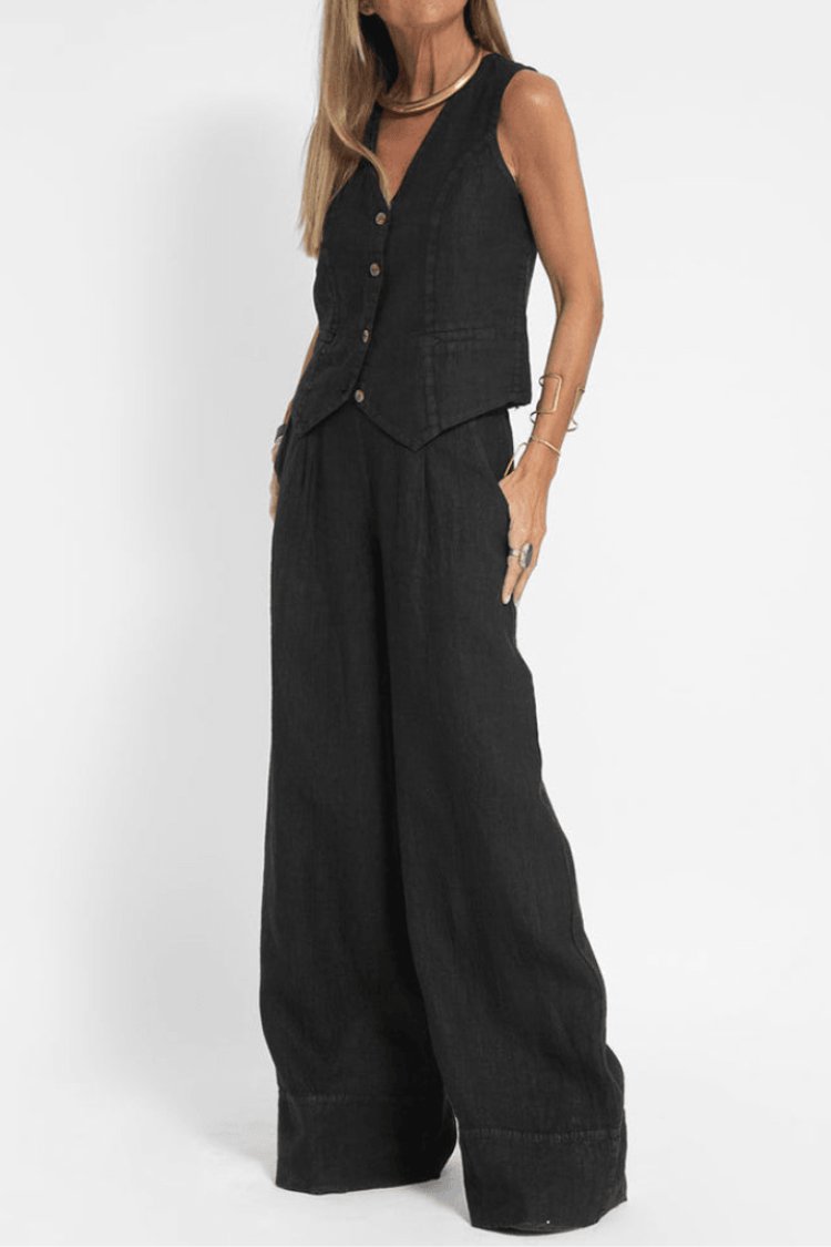 Dame Ærmeløs Wide-Leg Two-Piece Set Vest Bukser - Black