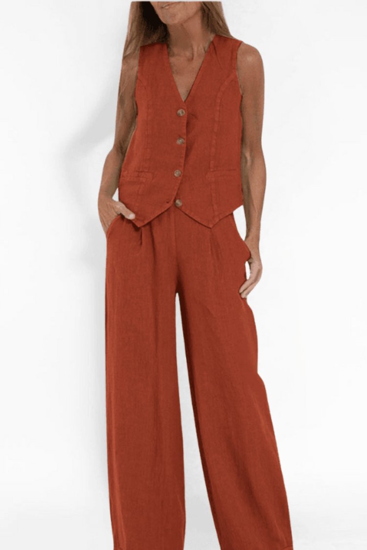 Dame Ærmeløs Wide-Leg Two-Piece Set Vest Bukser - Orange