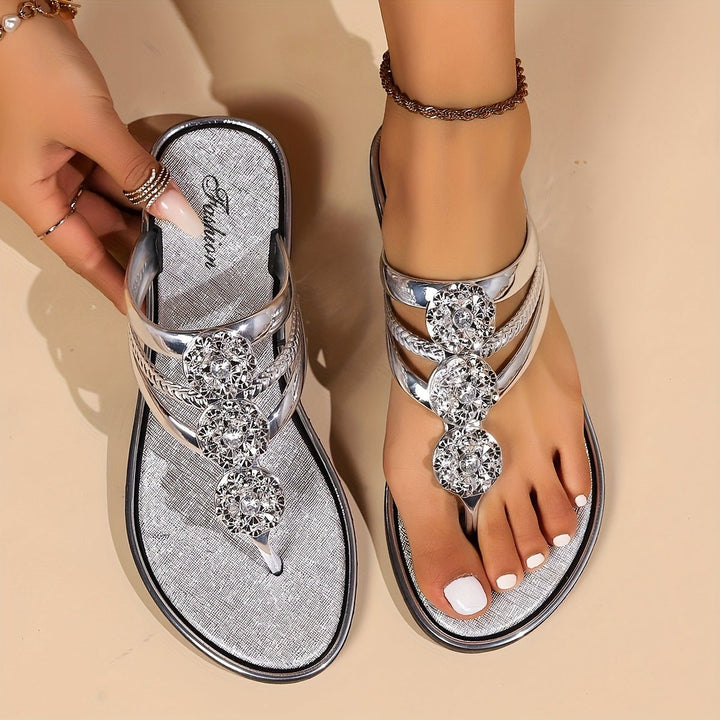 Dame Sandaler T-rem Rhinestone Flad Slip-On Sommer - Silver