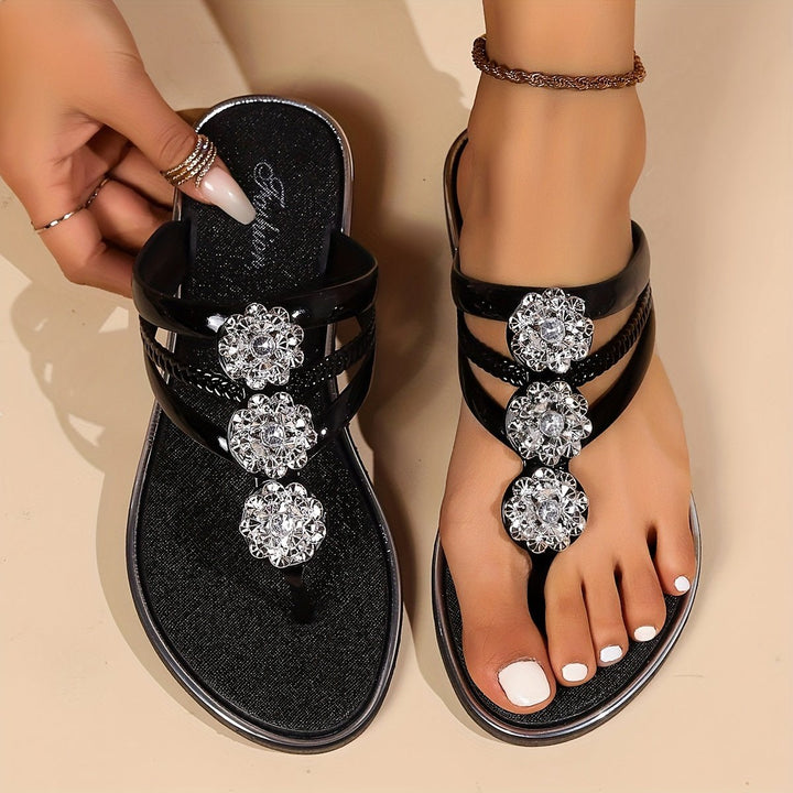 Dame Sandaler T-rem Rhinestone Flad Slip-On Sommer - Black