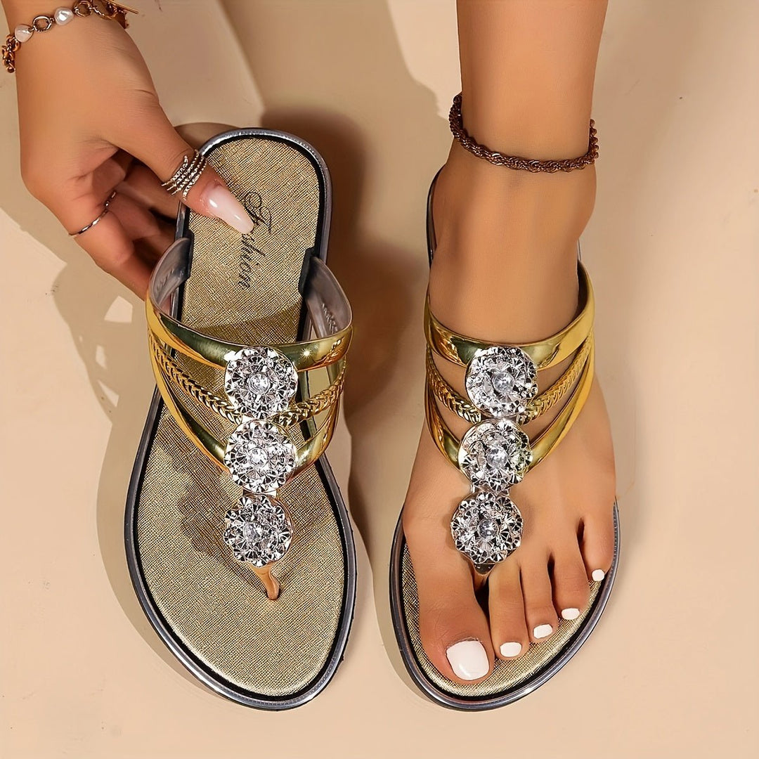 Dame Sandaler T-rem Rhinestone Flad Slip-On Sommer - Gold