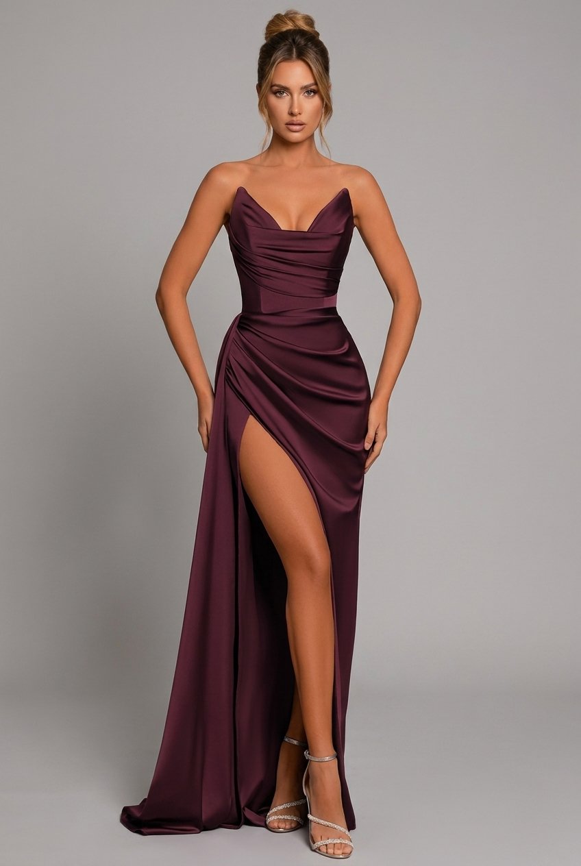 Dame Satin Bodycon Maxikjole Hjerteskåret Udskæring - Crimson Red