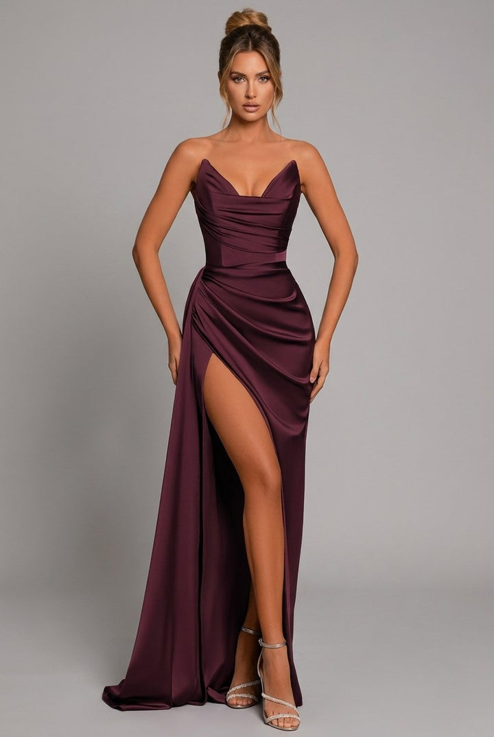 Dame Satin Bodycon Maxikjole Hjerteskåret Udskæring - Crimson Red