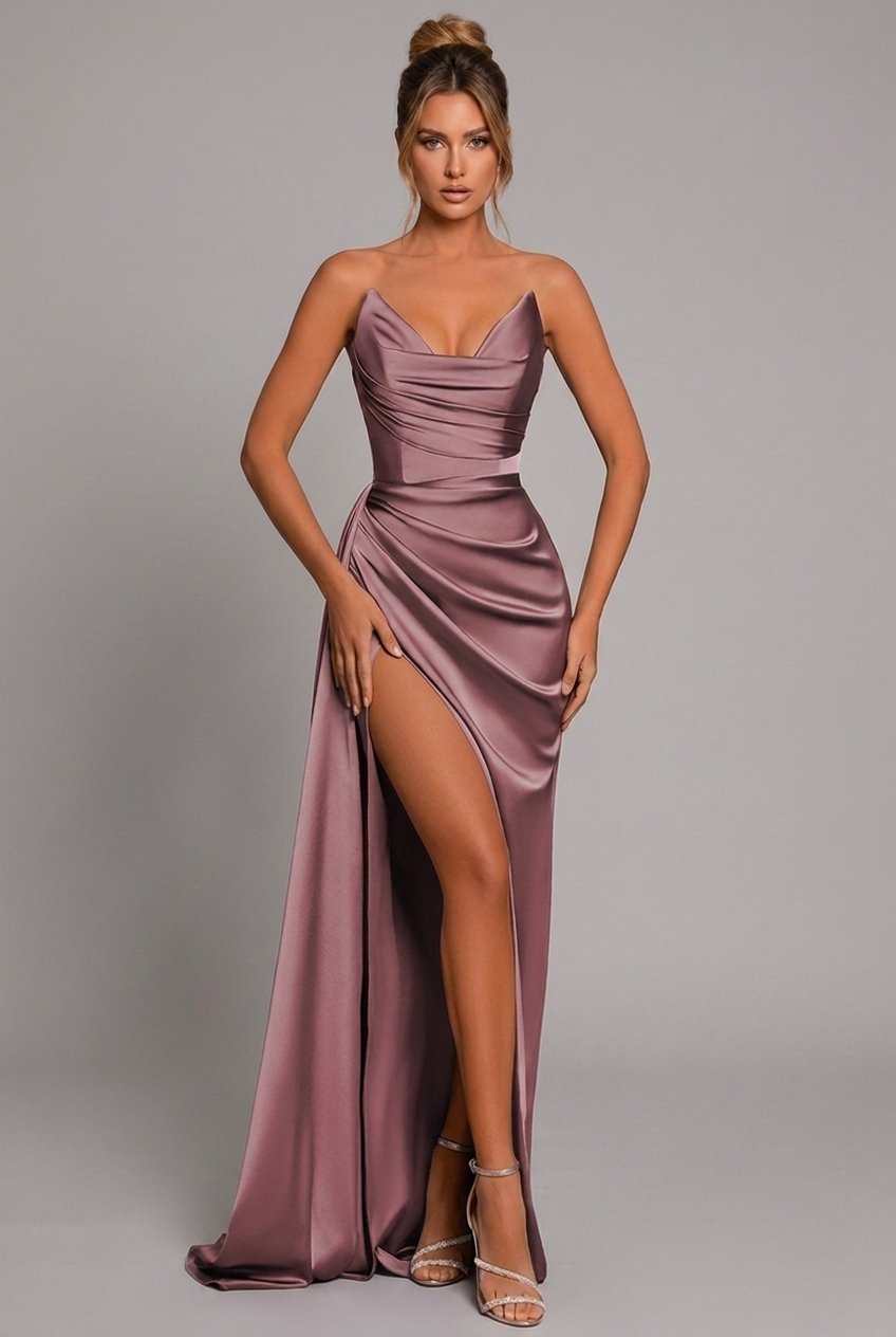 Dame Satin Bodycon Maxikjole Hjerteskåret Udskæring - Dusty Rose