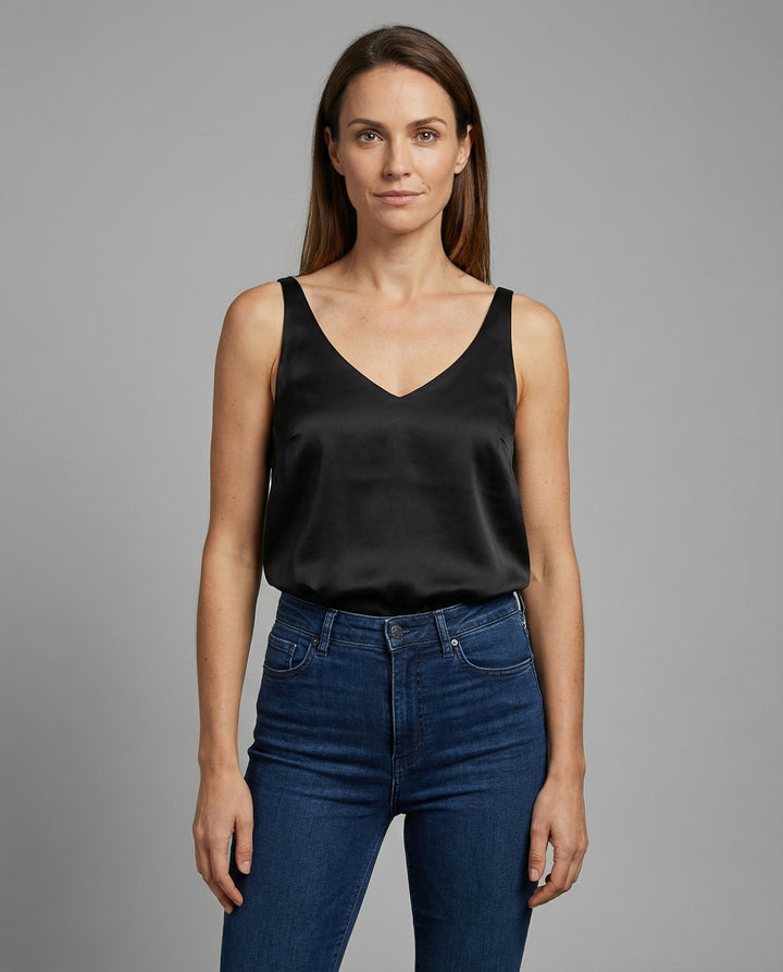 Dame Satin Camisole V-hals Brede Stropper - Black