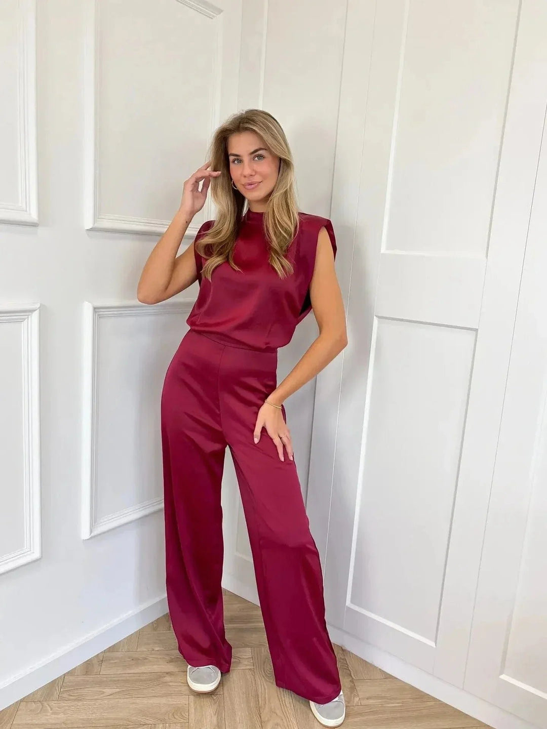 Dame Satin Jumpsuit Brede Ben Ærmeløs Ettyksstykke