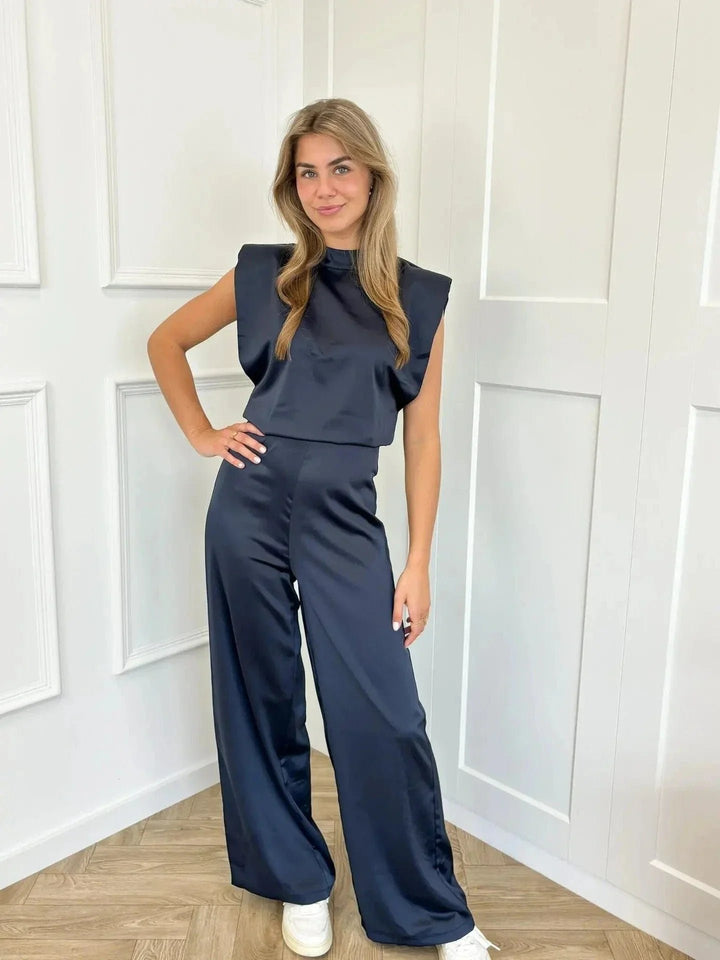 Dame Satin Jumpsuit Brede Ben Ærmeløs Ettyksstykke - Marineblauw