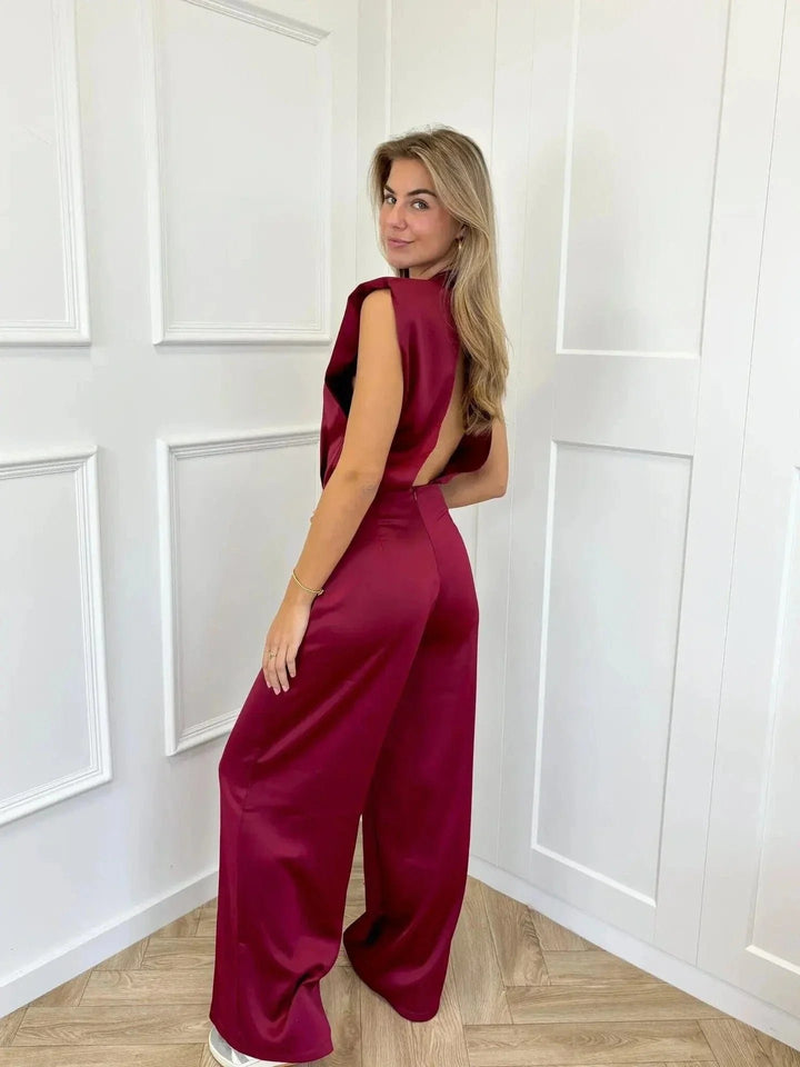 Dame Satin Jumpsuit Brede Ben Ærmeløs Ettyksstykke - Bordeauxrood