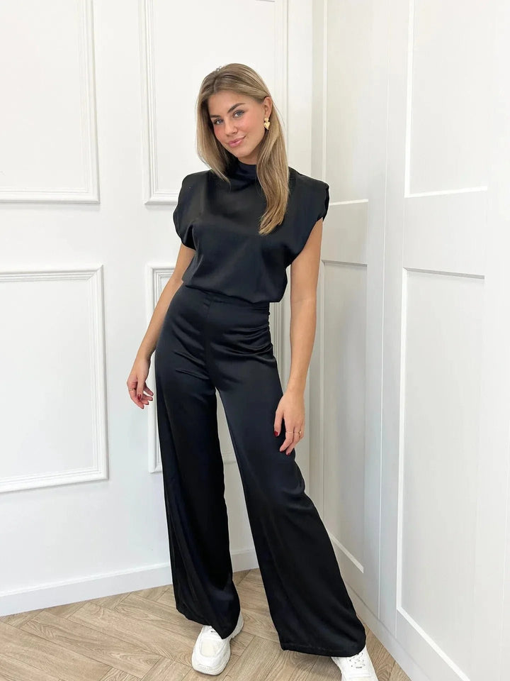 Dame Satin Jumpsuit Brede Ben Ærmeløs Ettyksstykke - Zwart