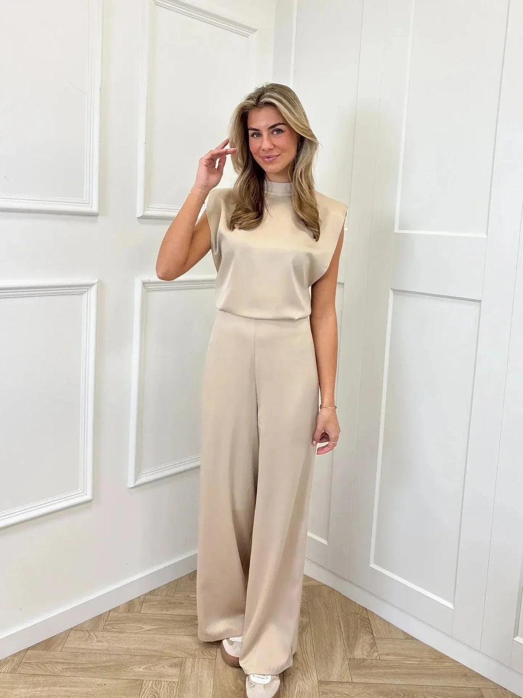 Dame Satin Jumpsuit Brede Ben Ærmeløs Ettyksstykke