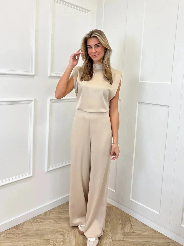 Dame Satin Jumpsuit Brede Ben Ærmeløs Ettyksstykke