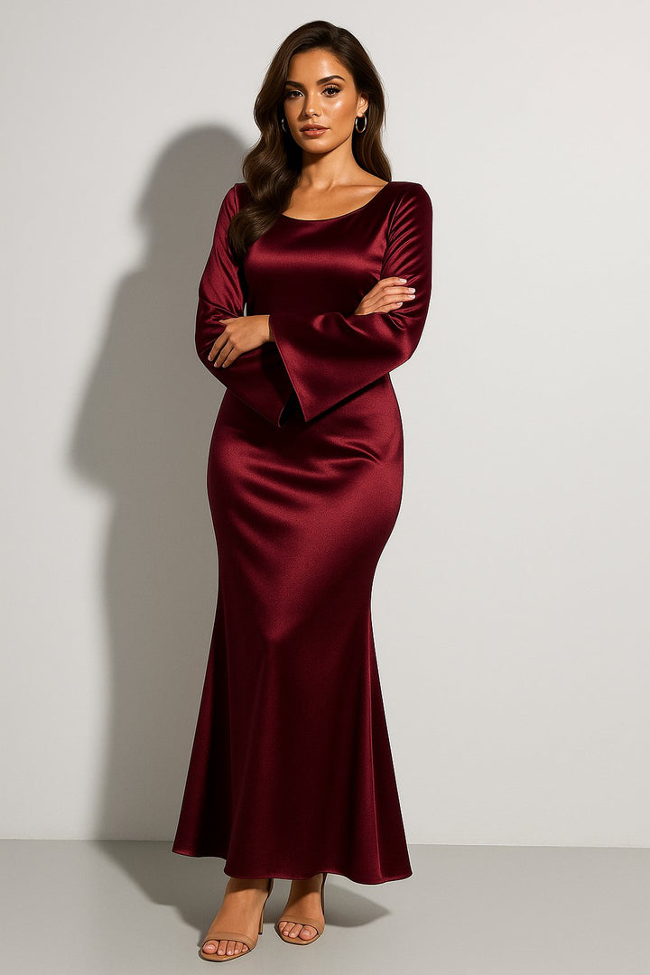 Dame Satin Langærmet Fishtail Maxikjole - Dark Red