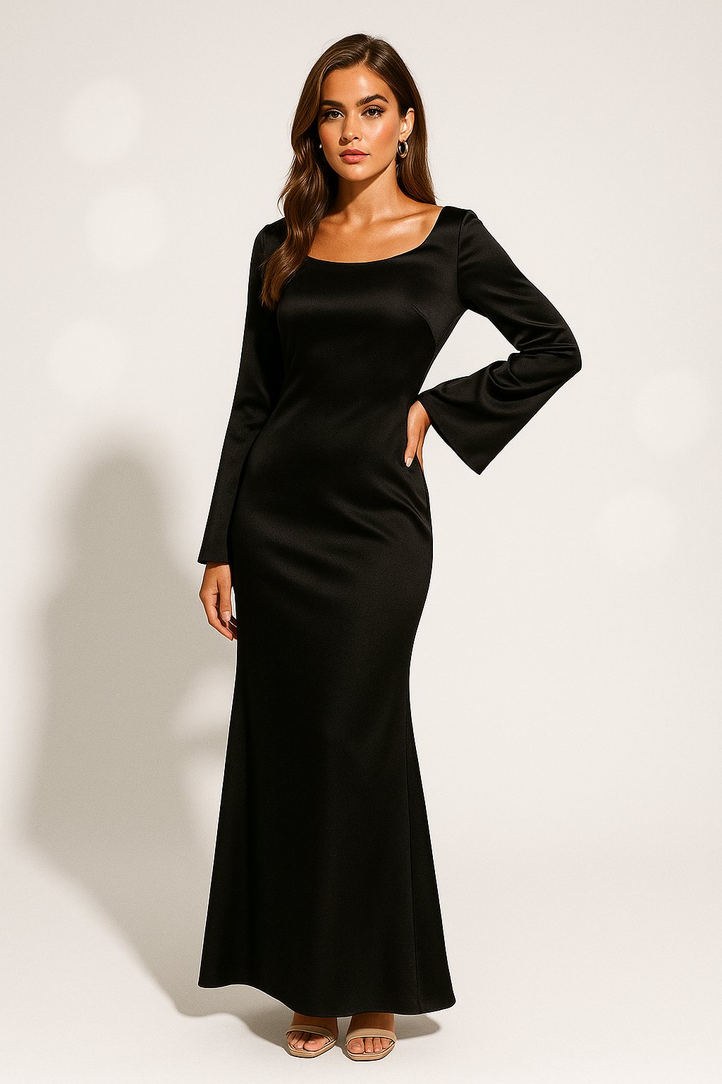 Dame Satin Langærmet Fishtail Maxikjole - Black