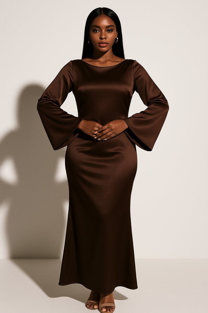 Dame Satin Langærmet Fishtail Maxikjole - Dark Brown