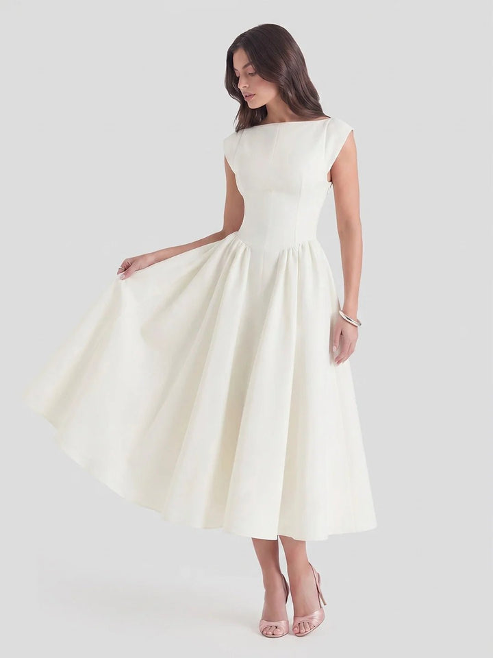 Dame Satin Midi Kjole Bådhals Korte Ærmer