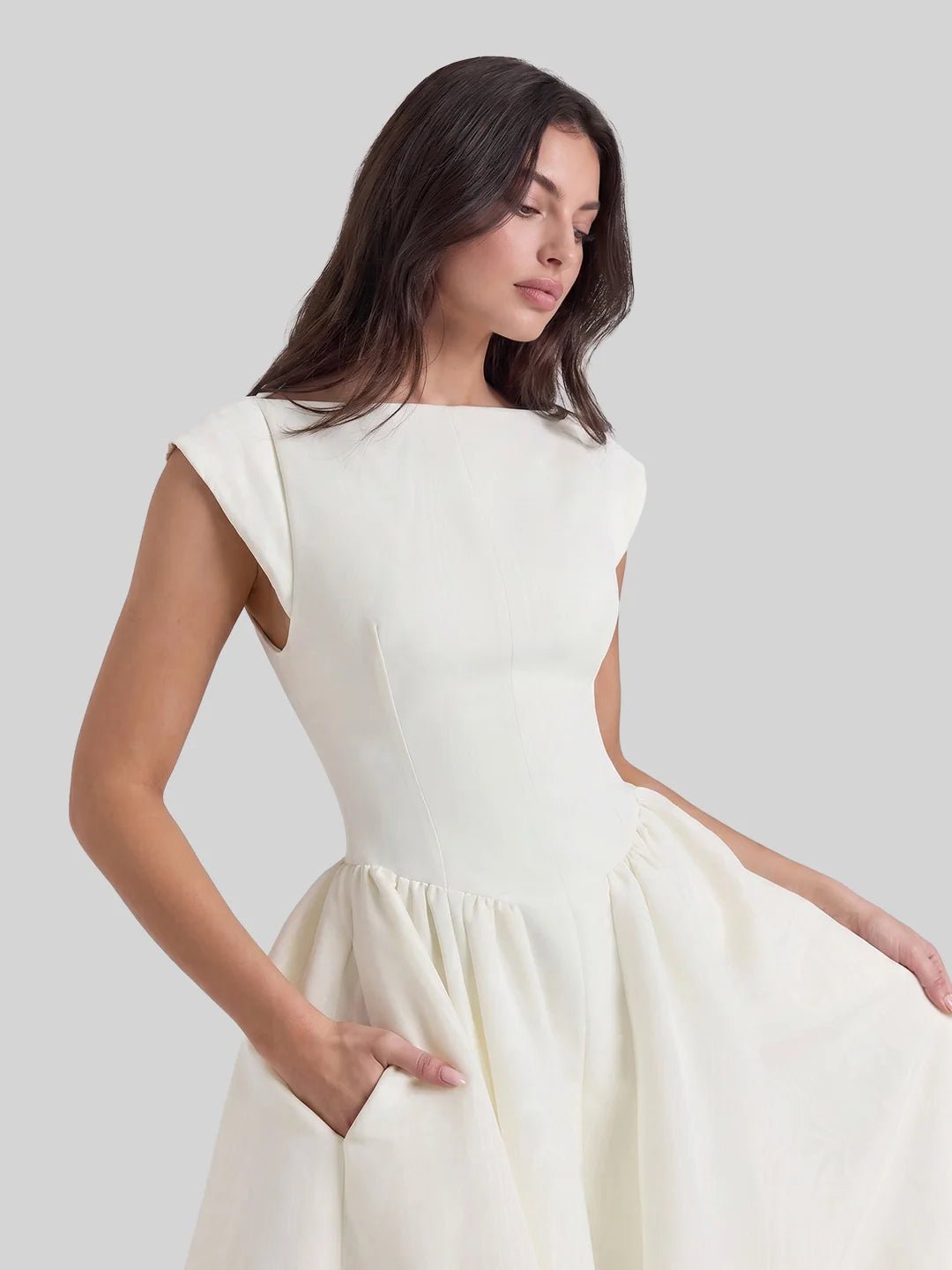 Dame Satin Midi Kjole Bådhals Korte Ærmer