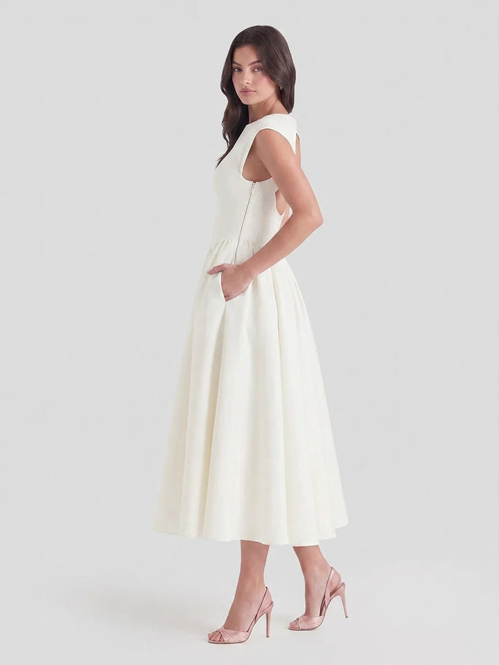 Dame Satin Midi Kjole Bådhals Korte Ærmer