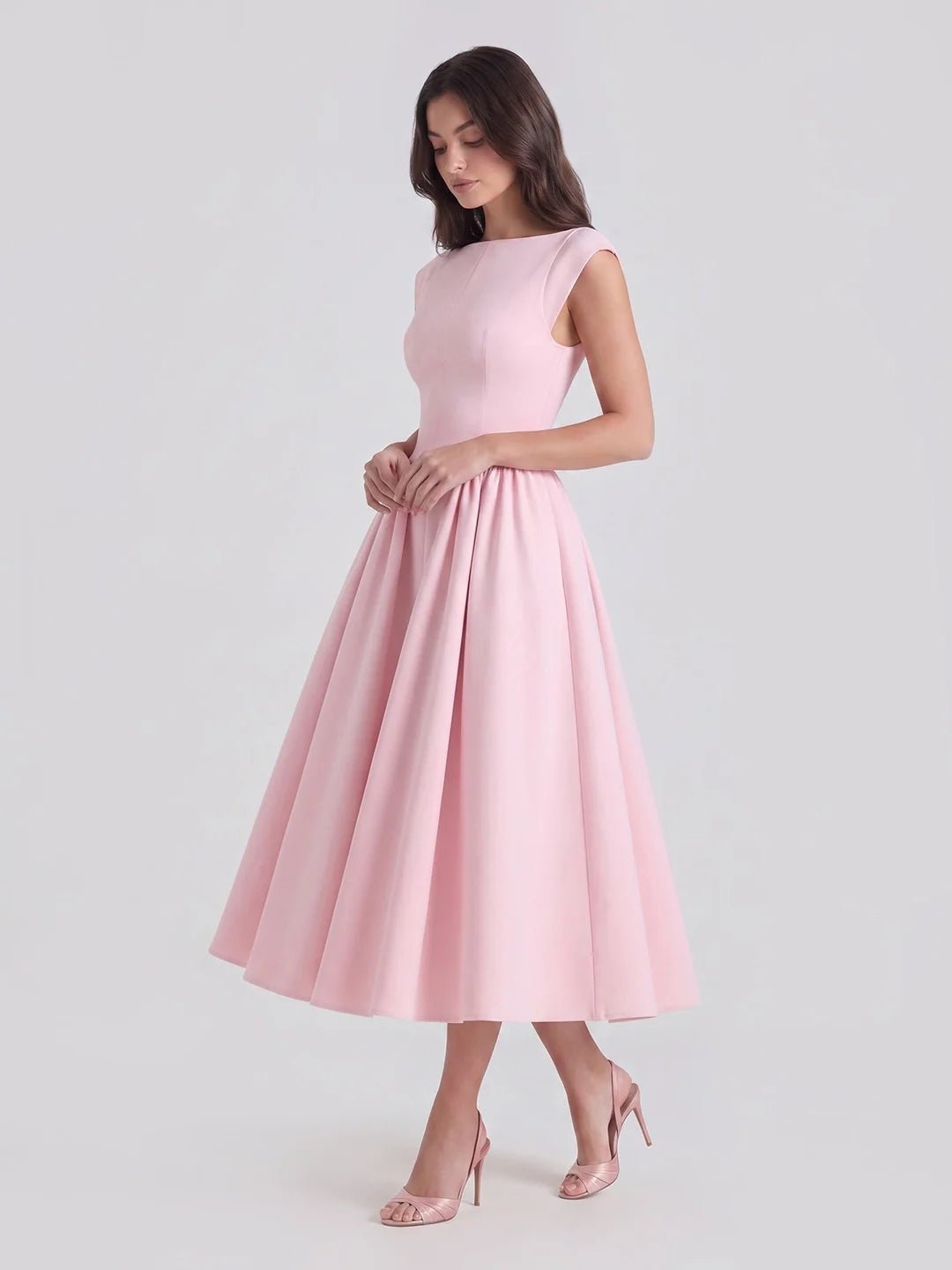 Dame Satin Midi Kjole Bådhals Korte Ærmer - Soft Pink