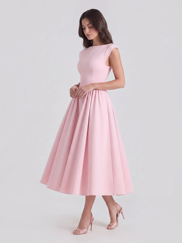 Dame Satin Midi Kjole Bådhals Korte Ærmer - Soft Pink