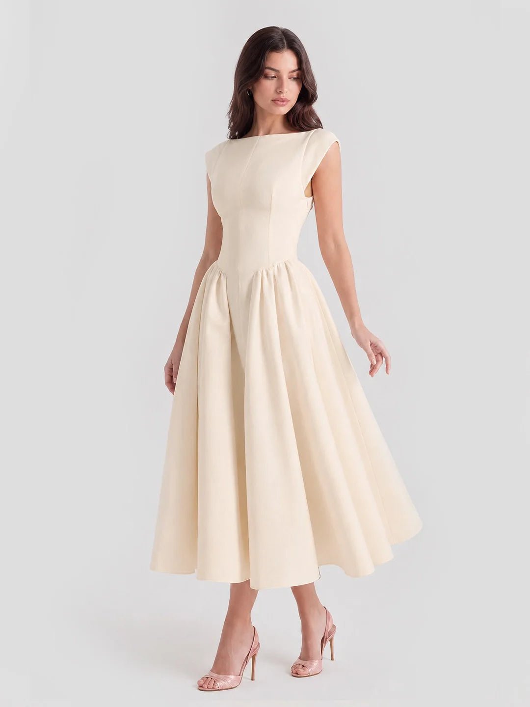 Dame Satin Midi Kjole Bådhals Korte Ærmer - Beige