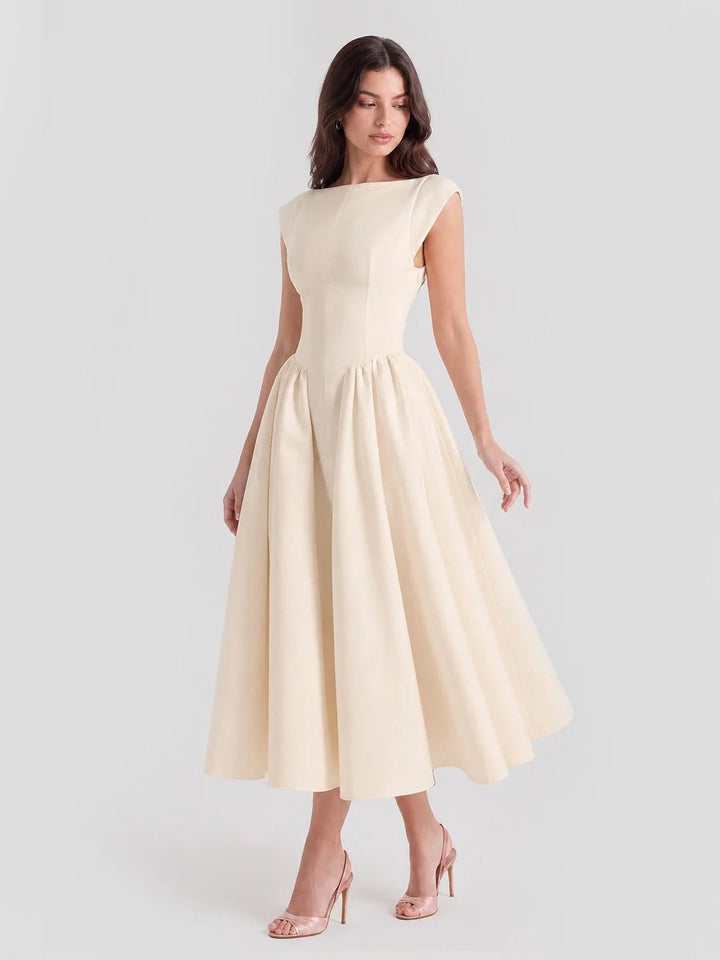 Dame Satin Midi Kjole Bådhals Korte Ærmer - Beige