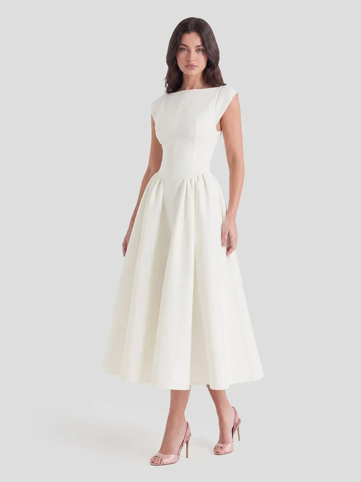 Dame Satin Midi Kjole Bådhals Korte Ærmer - Ivory