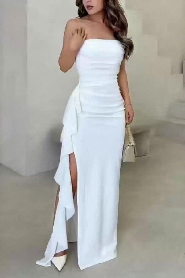 Dame Satin Stropløs Wrap Maxikjole - White