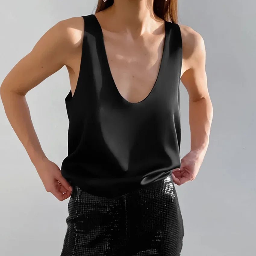 Dame Satin Tank Top Dyb U-Udskæring Afslappet Pasform - Black