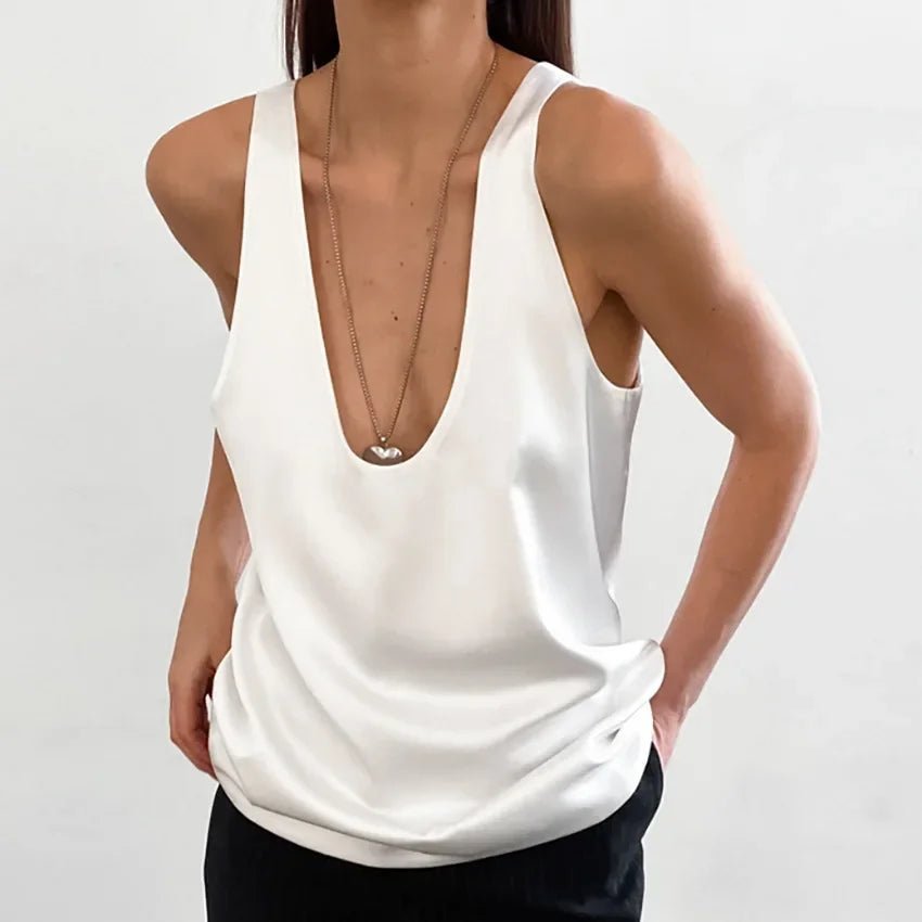 Dame Satin Tank Top Dyb U-Udskæring Afslappet Pasform - White