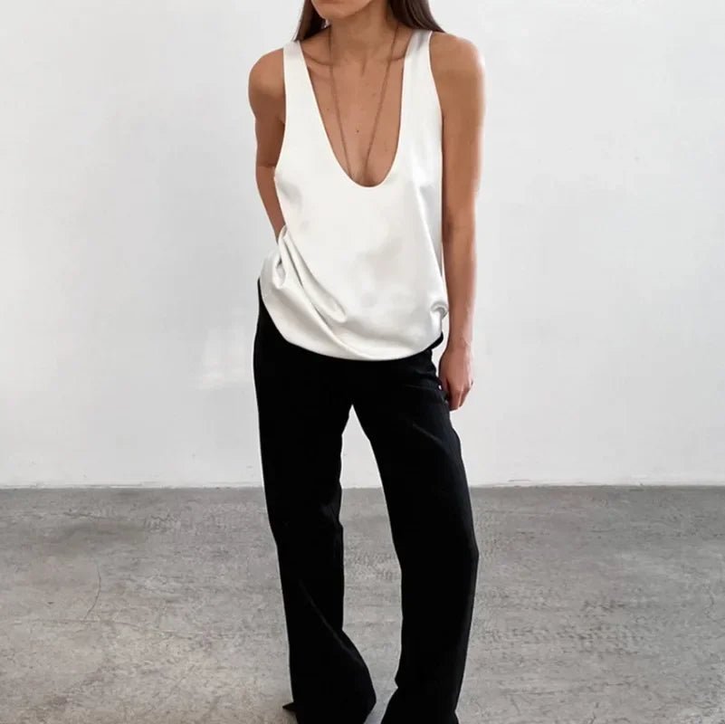 Dame Satin Tank Top Dyb U-Udskæring Afslappet Pasform
