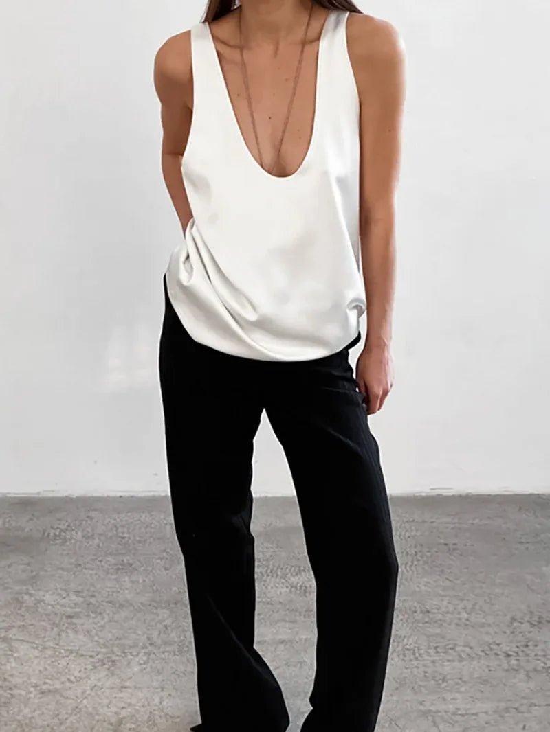 Dame Satin Tank Top Dyb U-Udskæring Afslappet Pasform