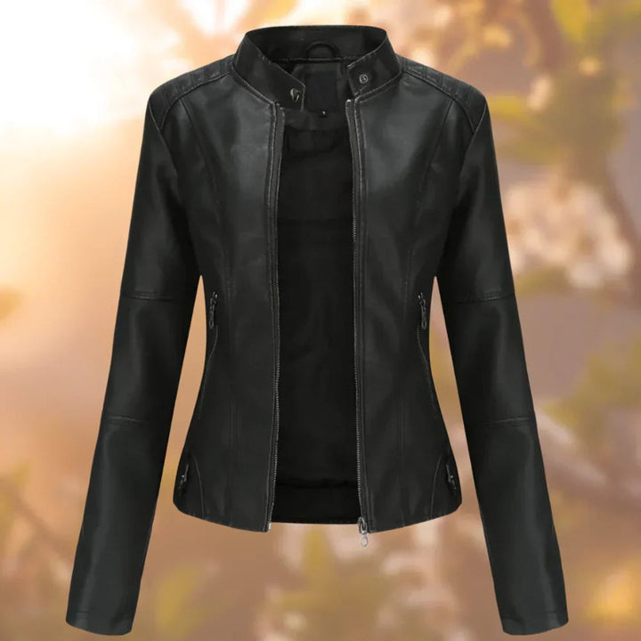 Dame Slim-Fit Lynlås Kunstlæder Leather Jacket Stående Krave - Sort