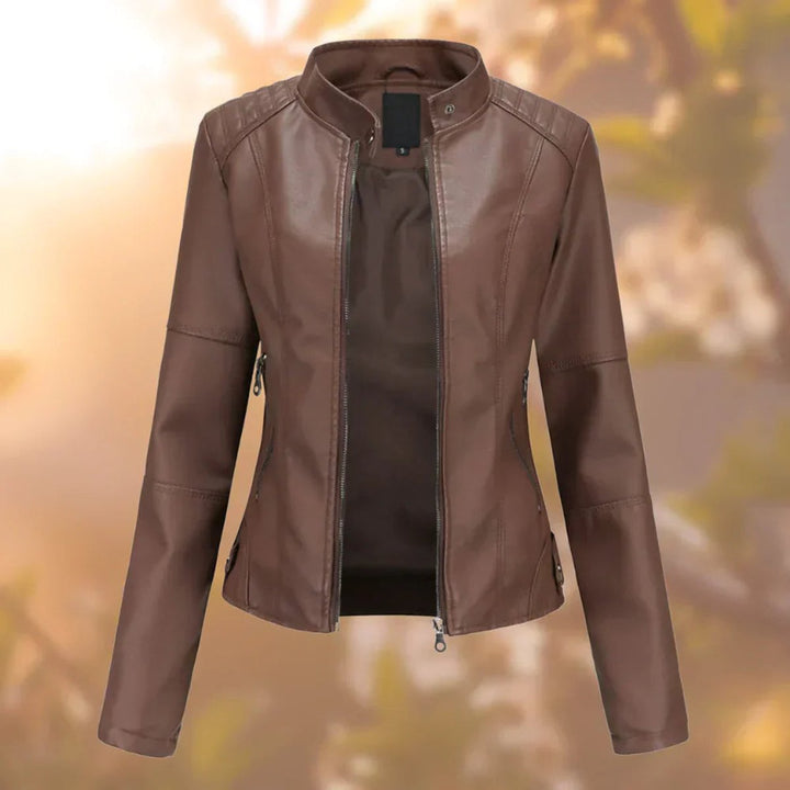 Dame Slim-Fit Lynlås Kunstlæder Leather Jacket Stående Krave - Mørkebrun