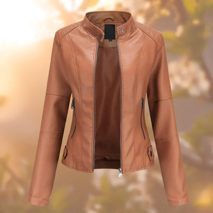 Dame Slim-Fit Lynlås Kunstlæder Leather Jacket Stående Krave - Brun