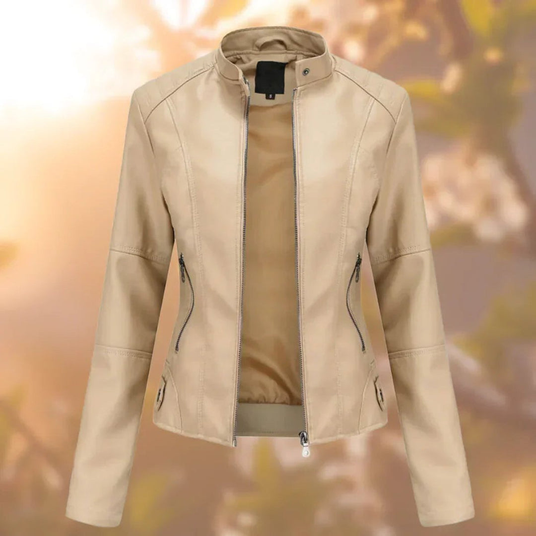 Dame Slim-Fit Lynlås Kunstlæder Leather Jacket Stående Krave - Beige